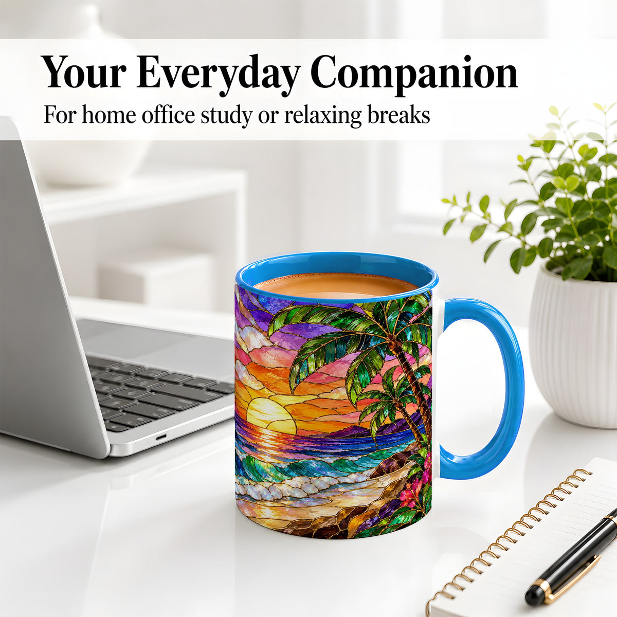 #pl[11oz|Blue] Tropical Sunset Ceramic Mug with Palm Tree Stained Glass Art
