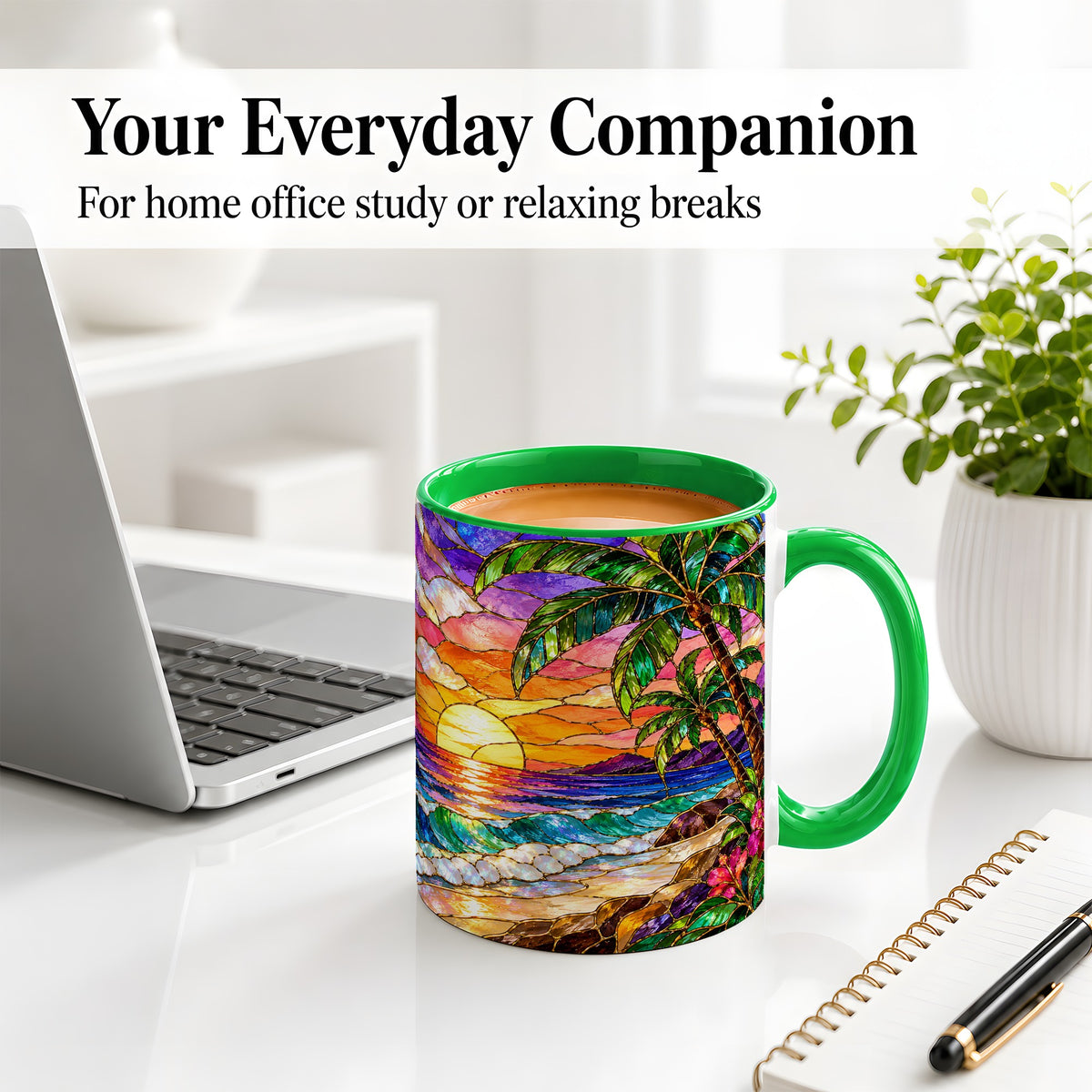 #pl[11oz|Green] Tropical Sunset Ceramic Mug with Palm Tree Stained Glass Art