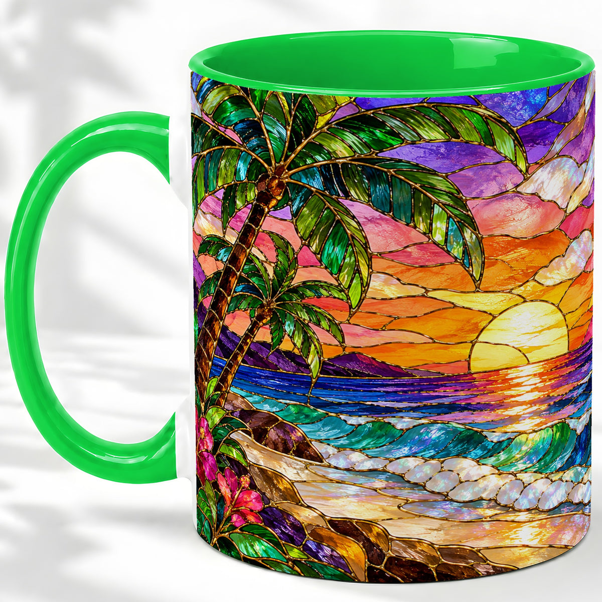 #pl[11oz|Green] Tropical Sunset Ceramic Mug with Palm Tree Stained Glass Art