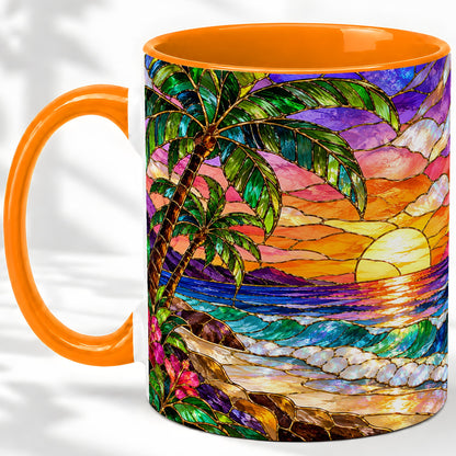 #pl[11oz|Orange] Tropical Sunset Ceramic Mug with Palm Tree Stained Glass Art