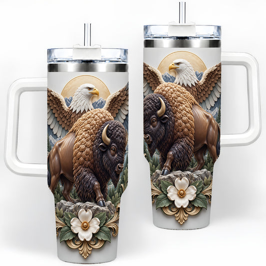 Bison and Eagle 40oz Tumbler, Mountain Wildlife Artwork for Nature Fans