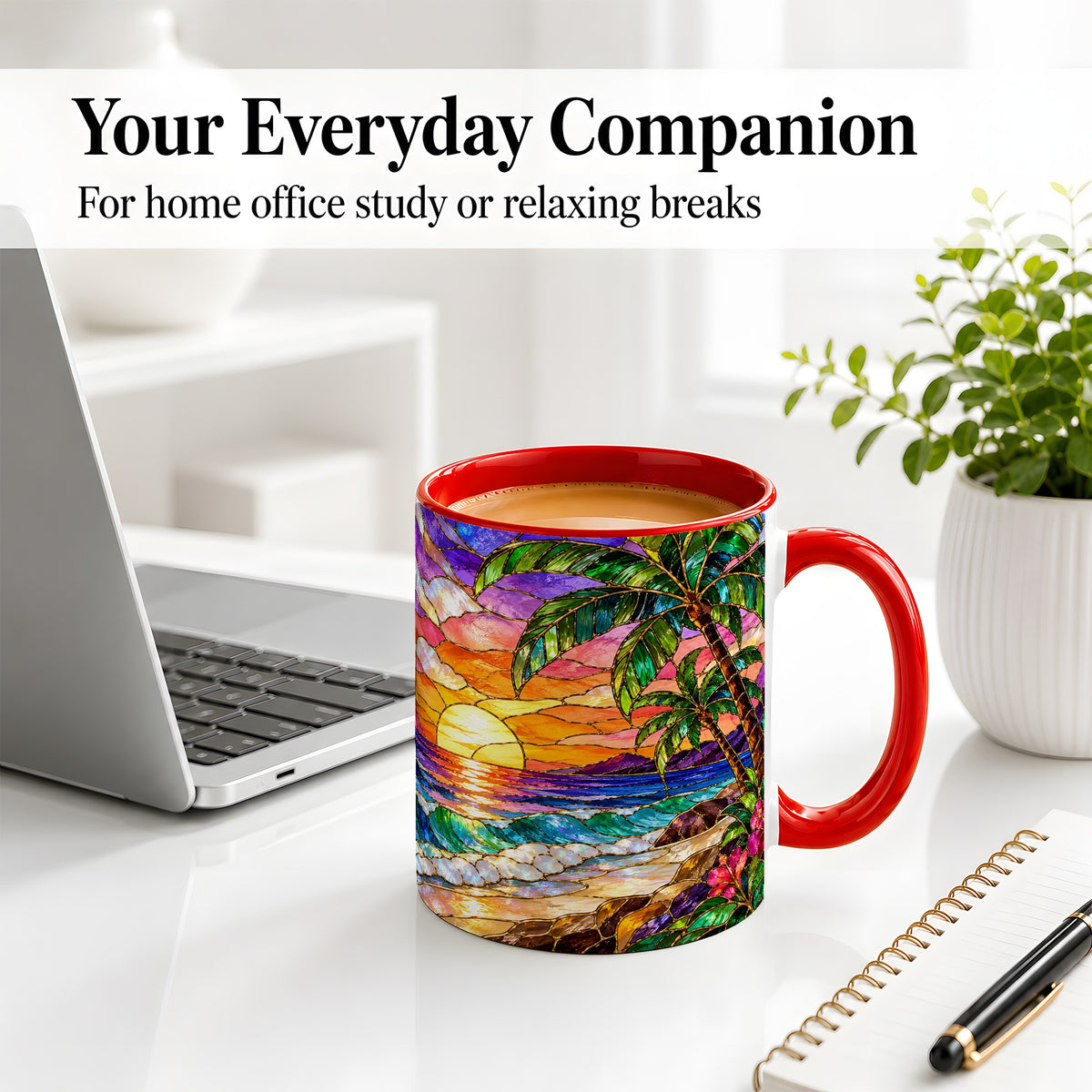 #pl[11oz|Red] Tropical Sunset Ceramic Mug with Palm Tree Stained Glass Art