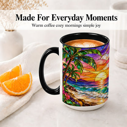 #pl[15oz|Black] Tropical Sunset Ceramic Mug with Palm Tree Stained Glass Art