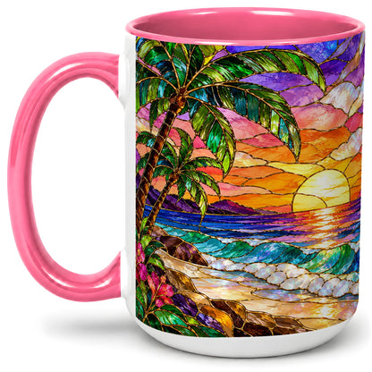 #pl[15oz|Pink] Tropical Sunset Ceramic Mug with Palm Tree Stained Glass Art