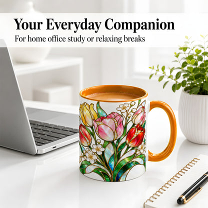 #pl[11oz|Orange] Stained Glass Tulip Ceramic Mug with Colorful Floral Artwork