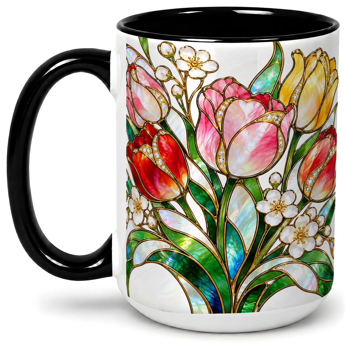 #pl[15oz|Black] Stained Glass Tulip Ceramic Mug with Colorful Floral Artwork