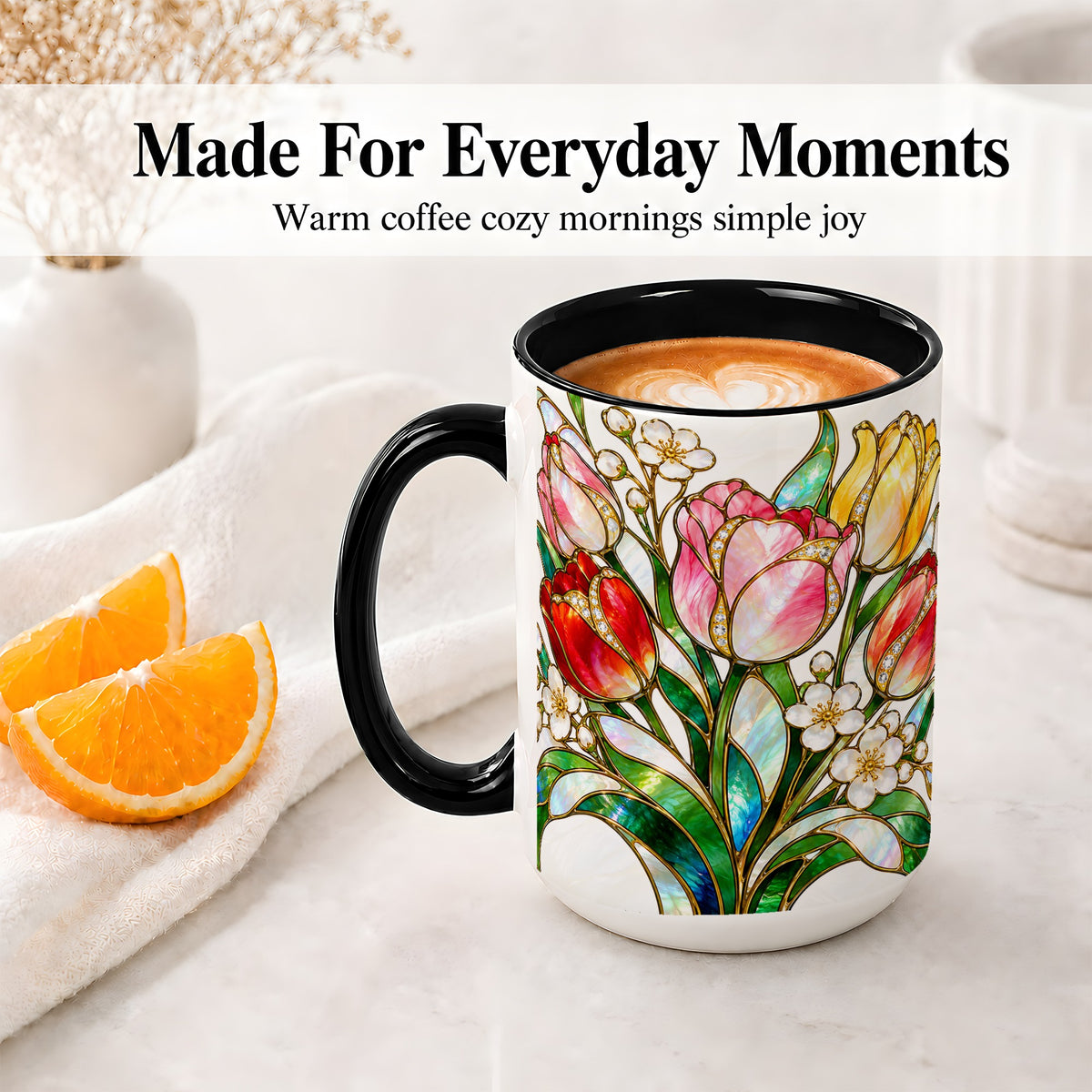 #pl[15oz|Black] Stained Glass Tulip Ceramic Mug with Colorful Floral Artwork