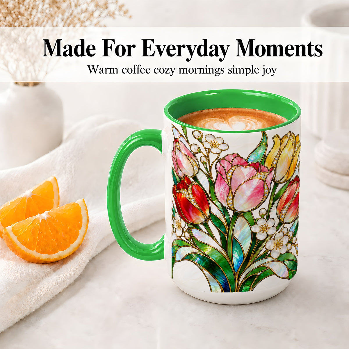 #pl[15oz|Green] Stained Glass Tulip Ceramic Mug with Colorful Floral Artwork