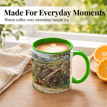 #pl[11oz|Green] Rustic Farm Cart Coffee Mug, Wildflower Mug, Ceramic Cup