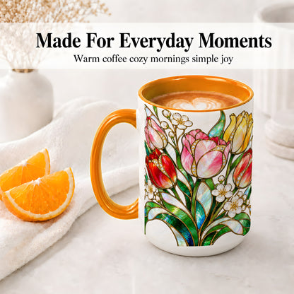 #pl[15oz|Orange] Stained Glass Tulip Ceramic Mug with Colorful Floral Artwork