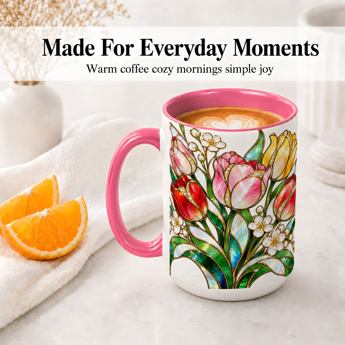 #pl[15oz|Pink] Stained Glass Tulip Ceramic Mug with Colorful Floral Artwork