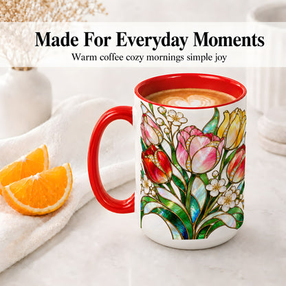 #pl[15oz|Red] Stained Glass Tulip Ceramic Mug with Colorful Floral Artwork
