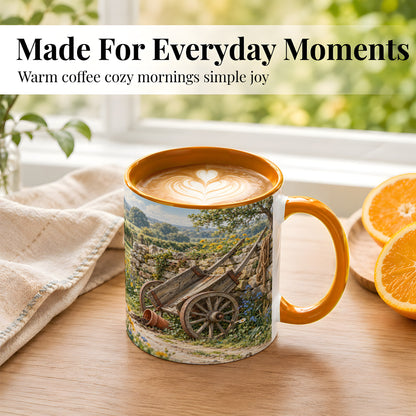 #pl[11oz|Orange] Rustic Farm Cart Coffee Mug, Wildflower Mug, Ceramic Cup