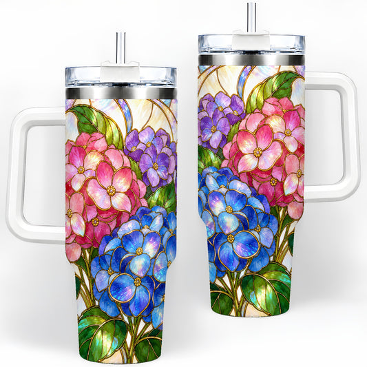 Hydrangea 40oz Tumbler, Stained Glass Floral Artwork for Gardeners