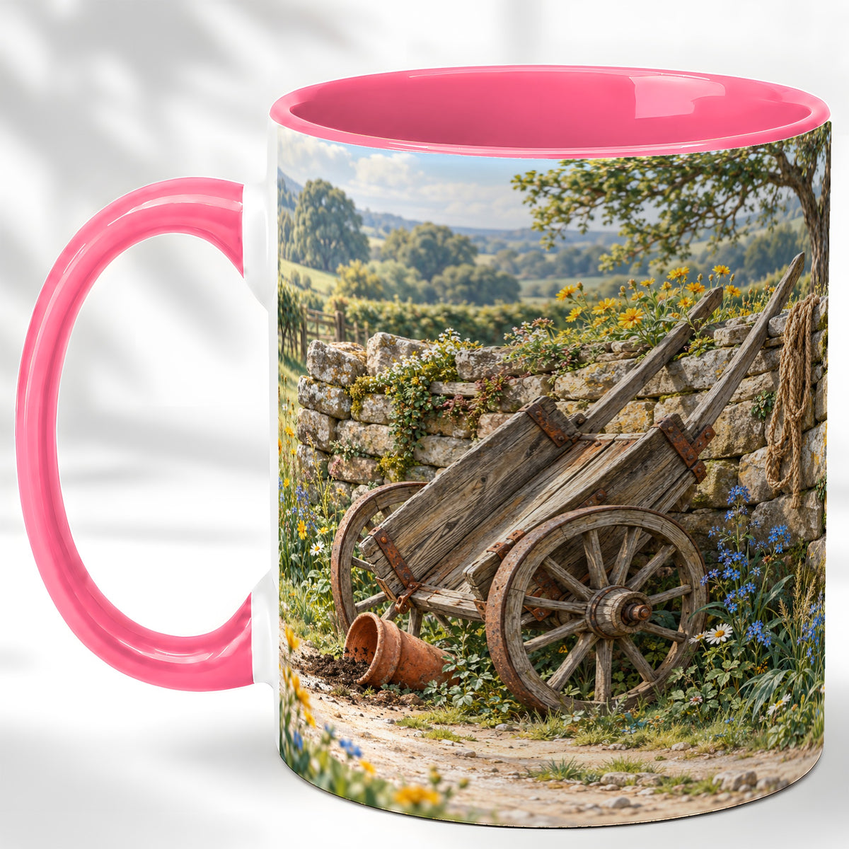#pl[11oz|Pink] Rustic Farm Cart Coffee Mug, Wildflower Mug, Ceramic Cup