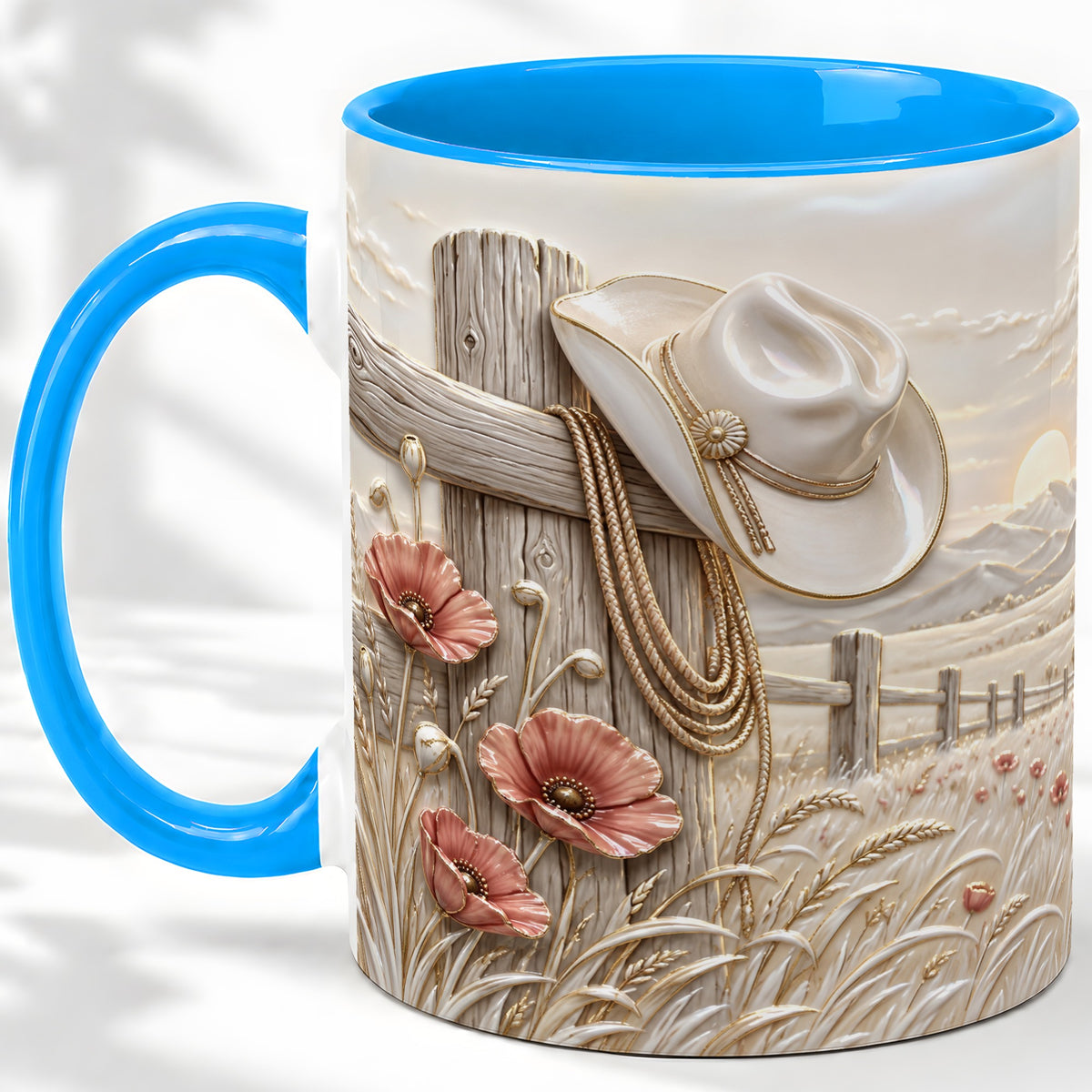 #pl[11oz|Blue] Western Cowboy Hat Ceramic Mug with Poppy Ranch Artwork