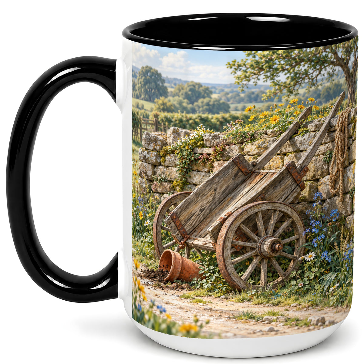 #pl[15oz|Black] Rustic Farm Cart Coffee Mug, Wildflower Mug, Ceramic Cup