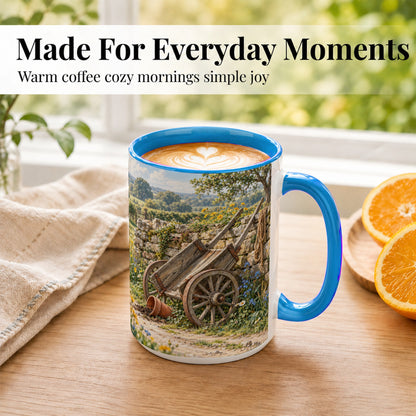 #pl[15oz|Blue] Rustic Farm Cart Coffee Mug, Wildflower Mug, Ceramic Cup