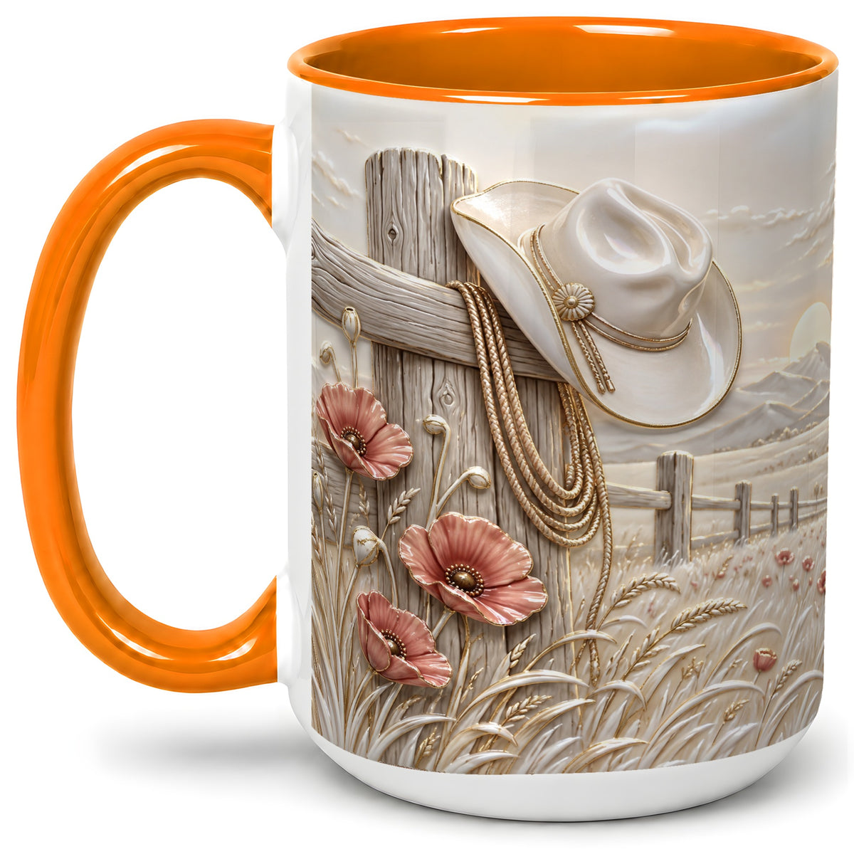 #pl[15oz|Orange] Western Cowboy Hat Ceramic Mug with Poppy Ranch Artwork