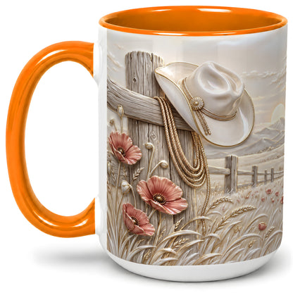 #pl[15oz|Orange] Western Cowboy Hat Ceramic Mug with Poppy Ranch Artwork