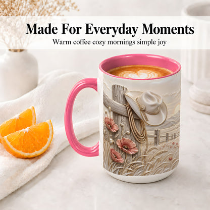 #pl[15oz|Pink] Western Cowboy Hat Ceramic Mug with Poppy Ranch Artwork