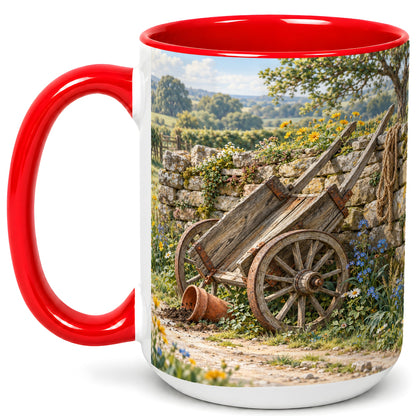 #pl[15oz|Red] Rustic Farm Cart Coffee Mug, Wildflower Mug, Ceramic Cup