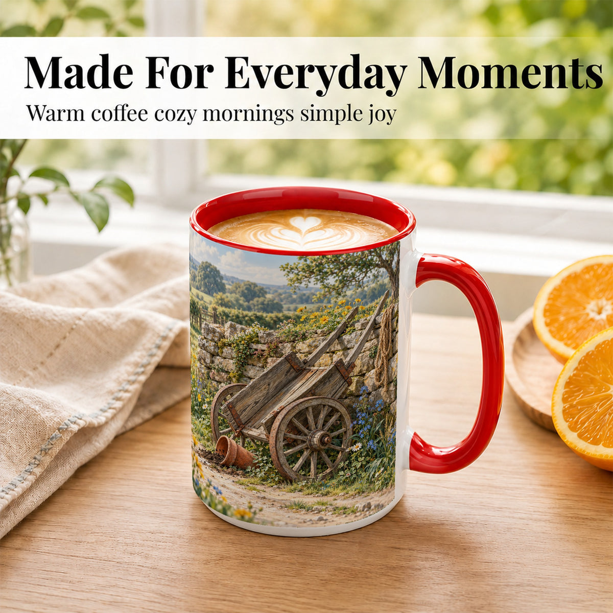 #pl[15oz|Red] Rustic Farm Cart Coffee Mug, Wildflower Mug, Ceramic Cup