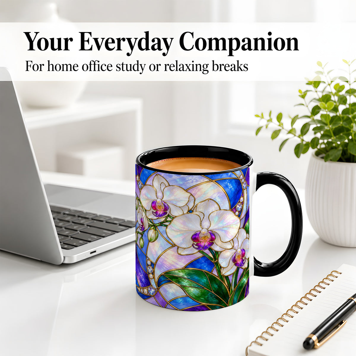 #pl[11oz|Black] White Orchid Ceramic Mug with Stained Glass Floral Artwork