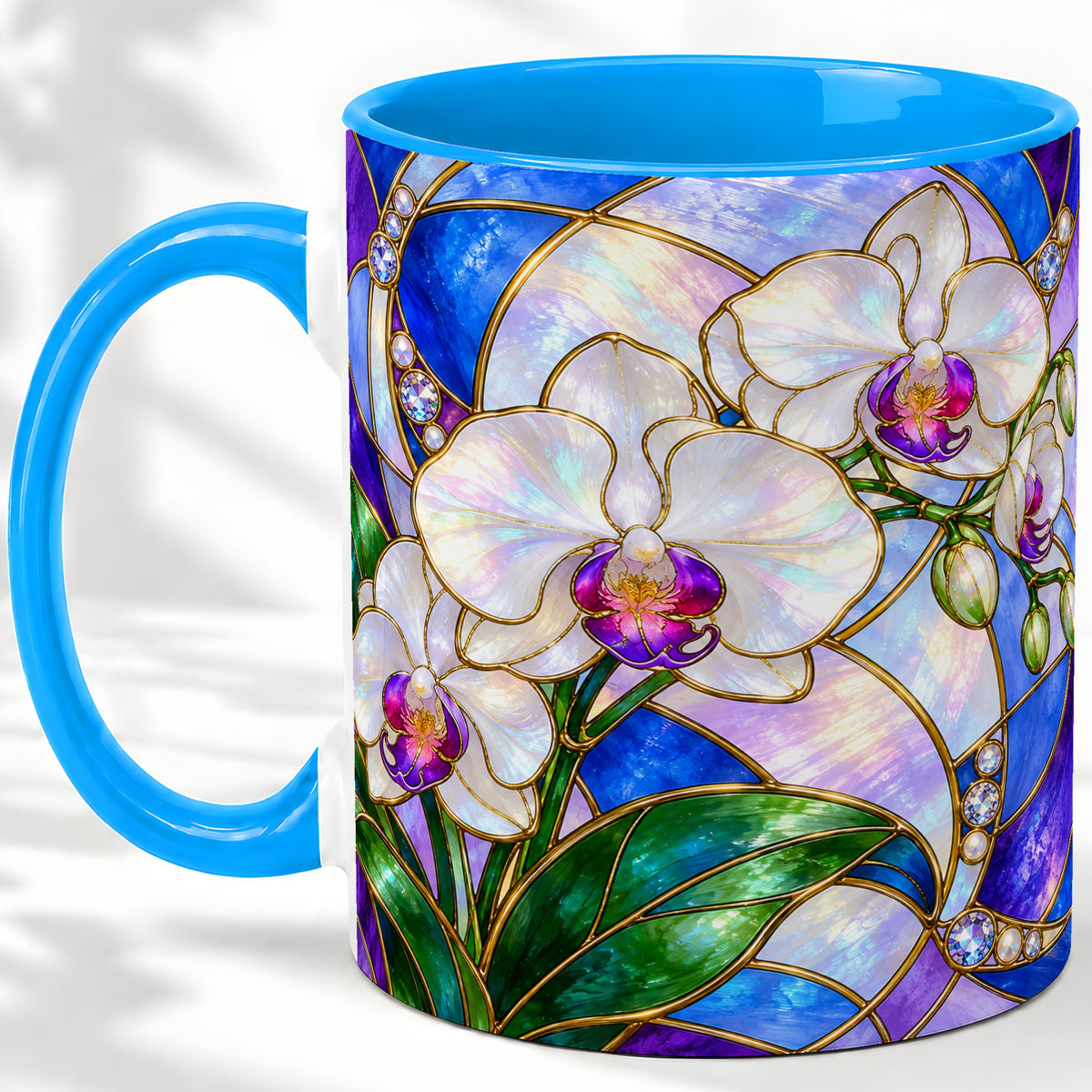 #pl[11oz|Blue] White Orchid Ceramic Mug with Stained Glass Floral Artwork