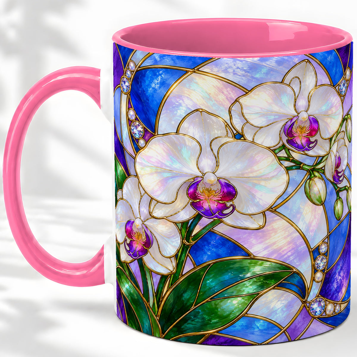 #pl[11oz|Pink] White Orchid Ceramic Mug with Stained Glass Floral Artwork
