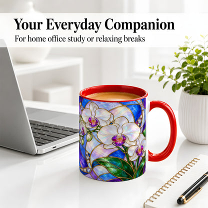#pl[11oz|Red] White Orchid Ceramic Mug with Stained Glass Floral Artwork
