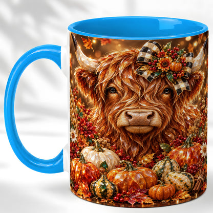#pl[11oz|Blue] Highland Cow Coffee Mug, Jeweled Pumpkin Mug, Ceramic Cup