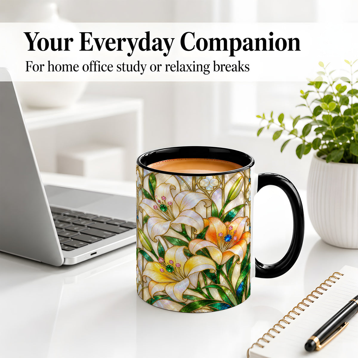#pl[11oz|Black] Jeweled Lily Ceramic Mug with Stained Glass Floral Artwork