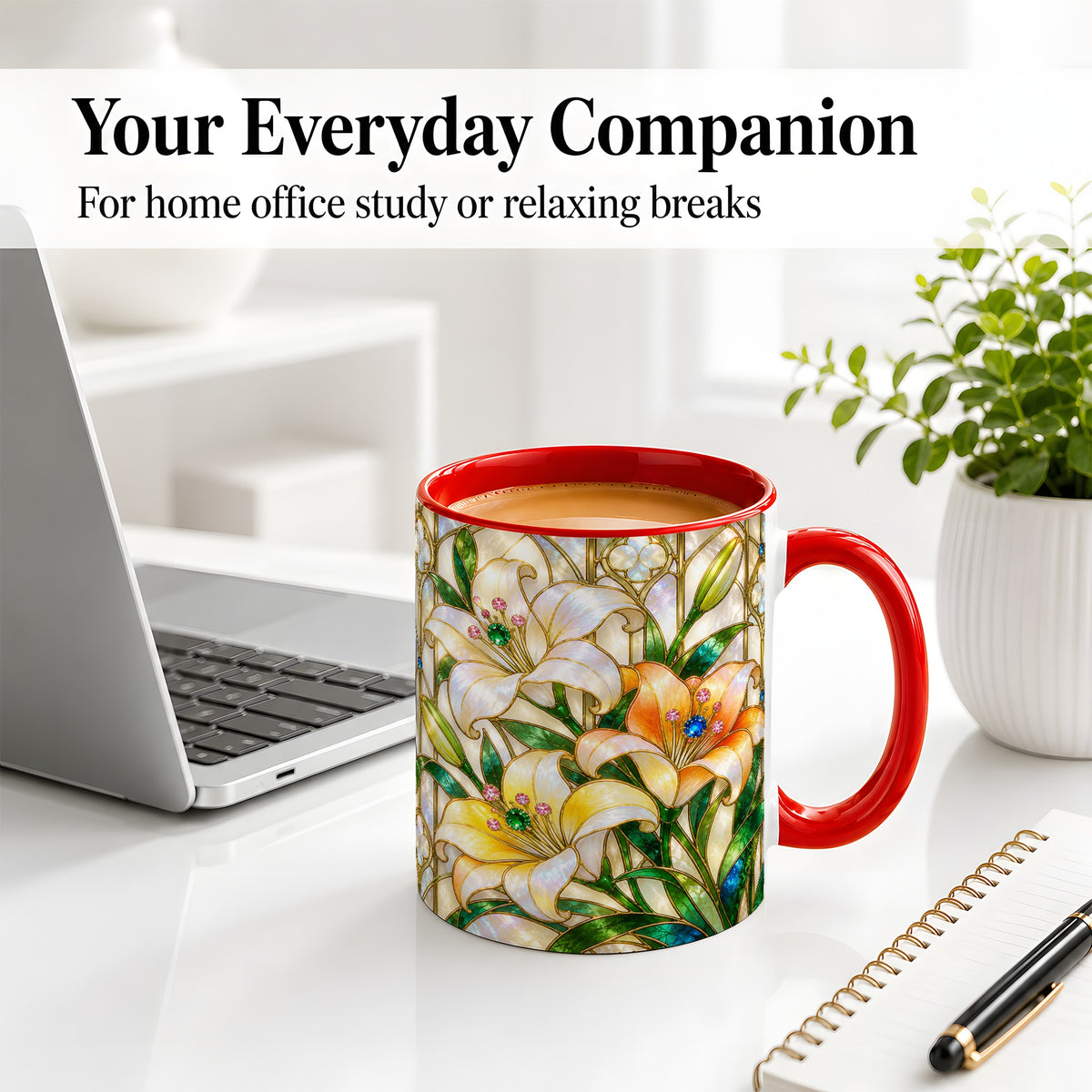 #pl[11oz|Red] Jeweled Lily Ceramic Mug with Stained Glass Floral Artwork