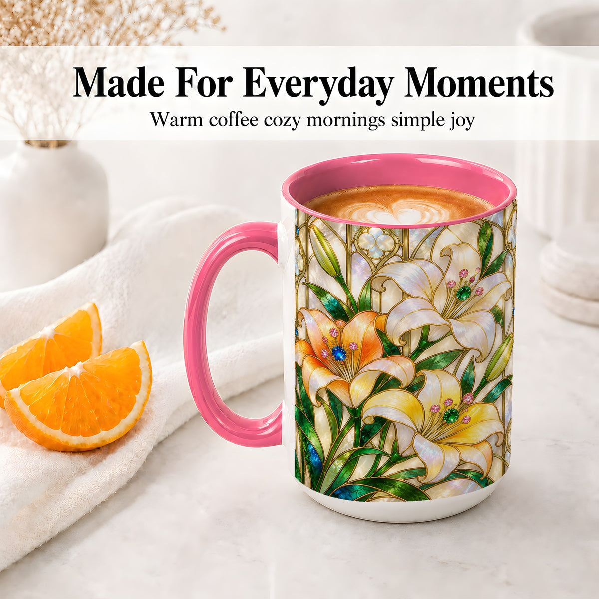 #pl[15oz|Pink] Jeweled Lily Ceramic Mug with Stained Glass Floral Artwork