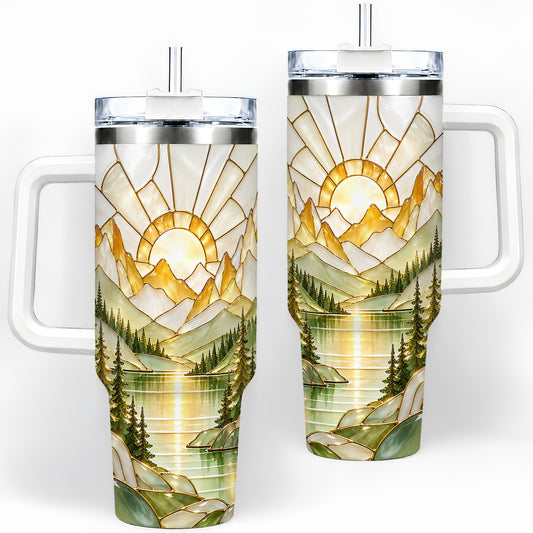 Mountain Lake 40oz Tumbler, Stained Glass Landscape Art for Nature Fans