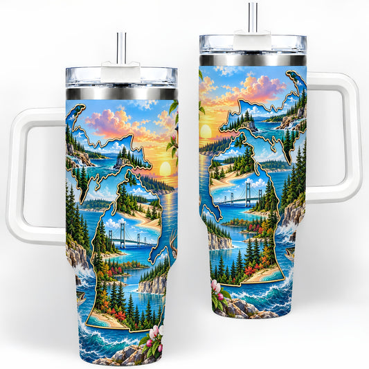 Michigan Great Lakes 40oz Tumbler, Scenic State Art for Lake Lovers
