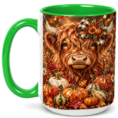 #pl[15oz|Green] Highland Cow Coffee Mug, Jeweled Pumpkin Mug, Ceramic Cup