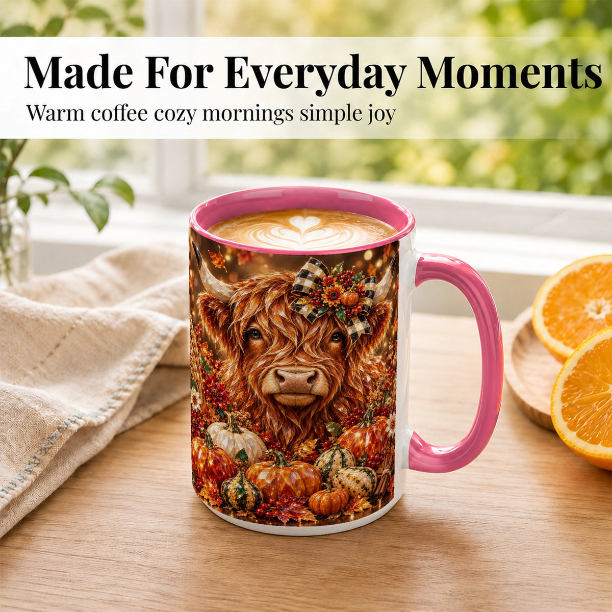#pl[15oz|Pink] Highland Cow Coffee Mug, Jeweled Pumpkin Mug, Ceramic Cup