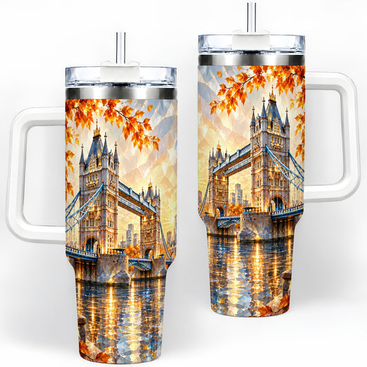 London Landmark 40oz Tumbler, Autumn Bridge Skyline Art for Travelers