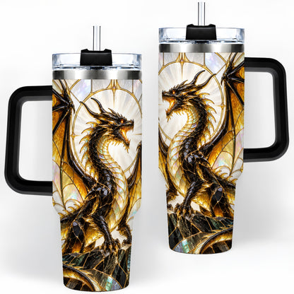 #pl[40oz|Black] Black Gold Dragon 40oz Tumbler, Stained Glass Fantasy Art for Dragon Fans