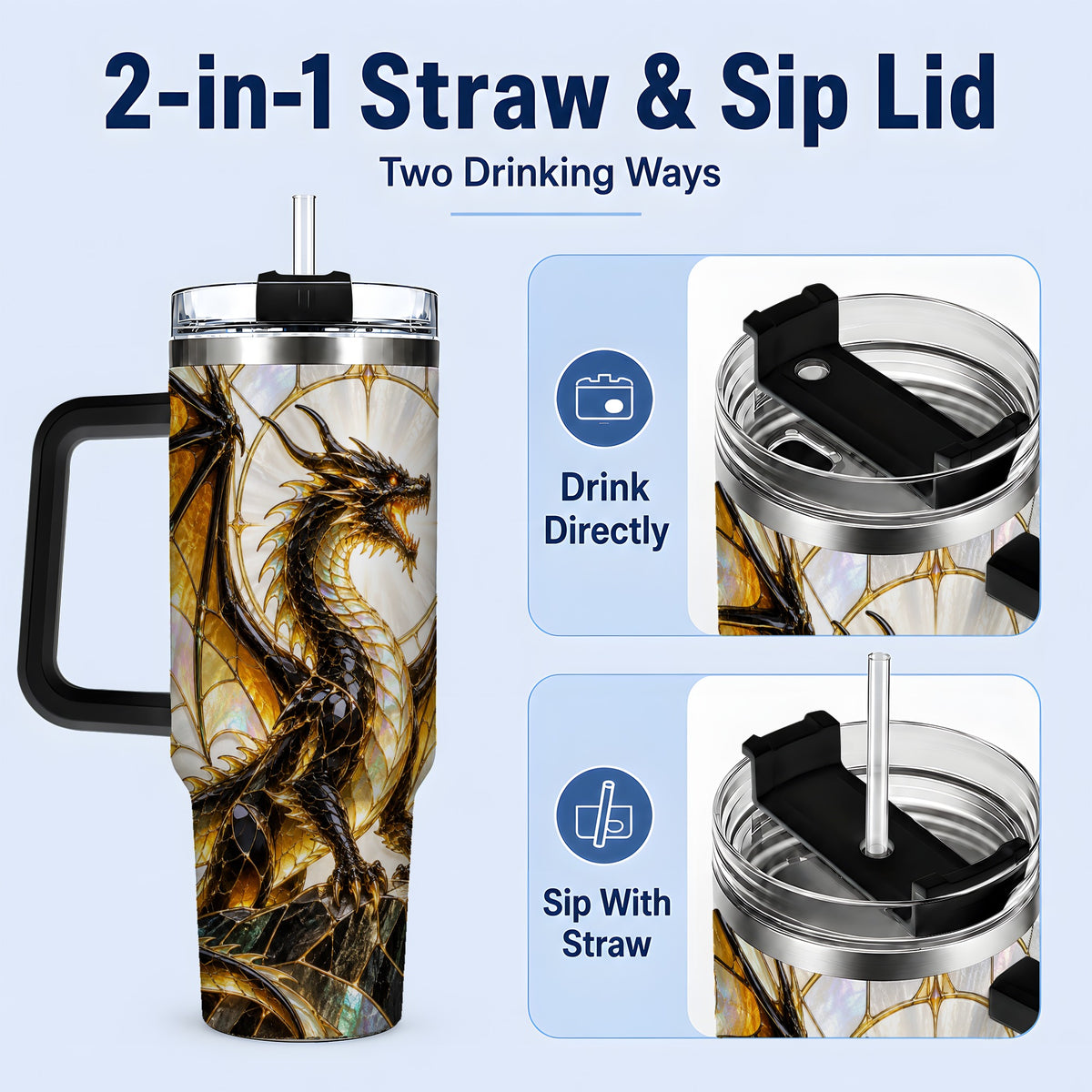 #pl[40oz|Black] Black Gold Dragon 40oz Tumbler, Stained Glass Fantasy Art for Dragon Fans