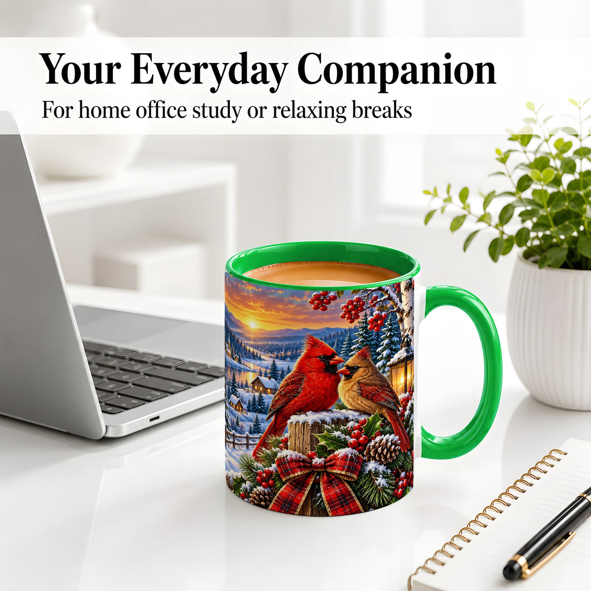 #pl[11oz|Green] Winter Cardinal Pair Ceramic Mug with Snowy Landscape Art