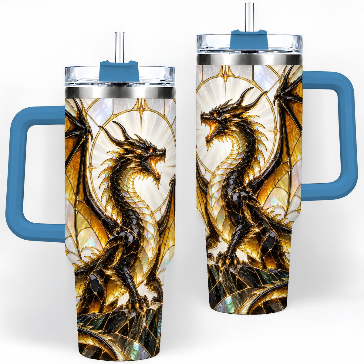 #pl[40oz|Blue] Black Gold Dragon 40oz Tumbler, Stained Glass Fantasy Art for Dragon Fans