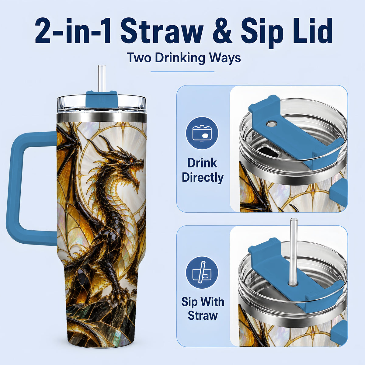 #pl[40oz|Blue] Black Gold Dragon 40oz Tumbler, Stained Glass Fantasy Art for Dragon Fans