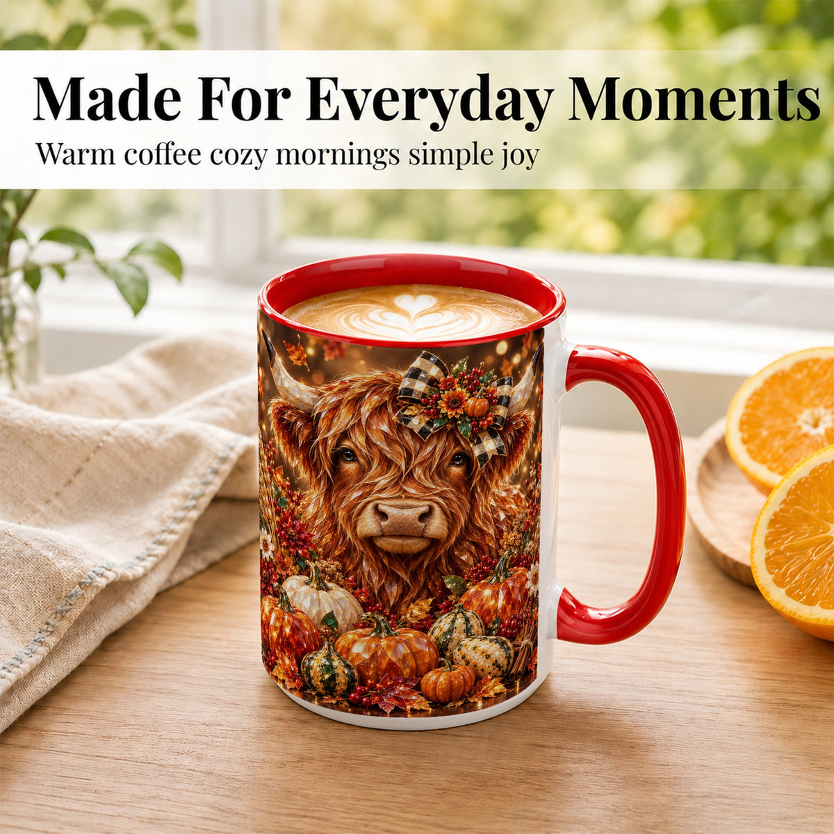 #pl[15oz|Red] Highland Cow Coffee Mug, Jeweled Pumpkin Mug, Ceramic Cup