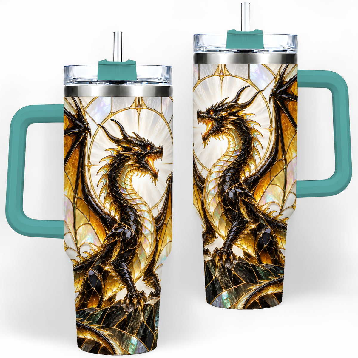 #pl[40oz|Green] Black Gold Dragon 40oz Tumbler, Stained Glass Fantasy Art for Dragon Fans