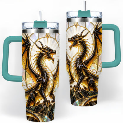 #pl[40oz|Green] Black Gold Dragon 40oz Tumbler, Stained Glass Fantasy Art for Dragon Fans