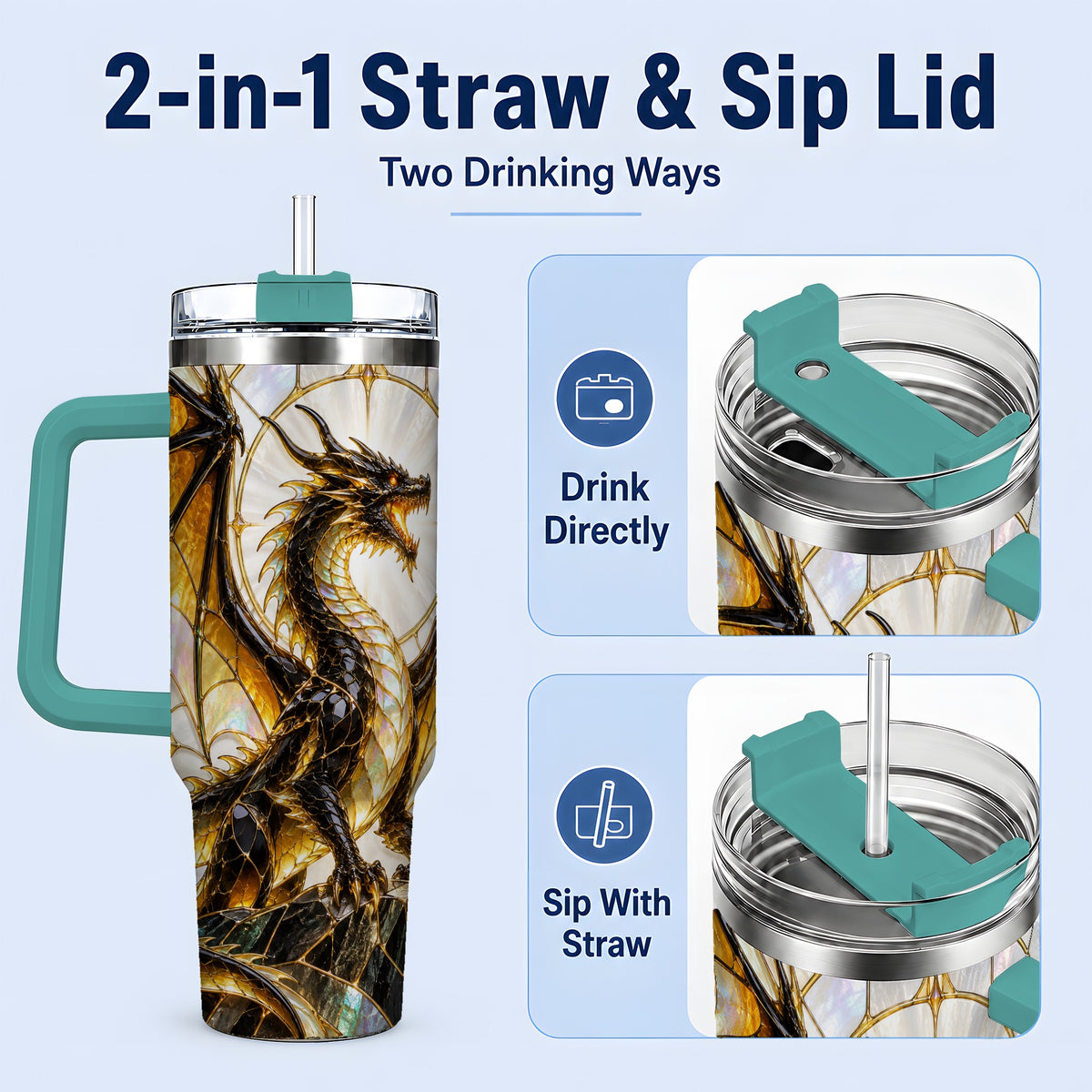 #pl[40oz|Green] Black Gold Dragon 40oz Tumbler, Stained Glass Fantasy Art for Dragon Fans