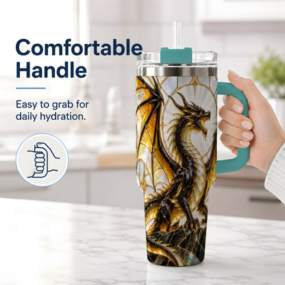 #pl[40oz|Green] Black Gold Dragon 40oz Tumbler, Stained Glass Fantasy Art for Dragon Fans